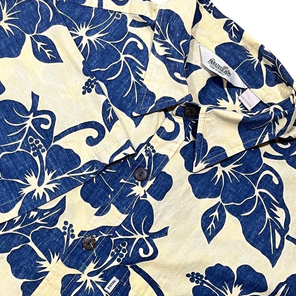 Paradise Bay Hawaiian Shirt Mens L Yellow Hibiscus Reverse Print Tropical Floral